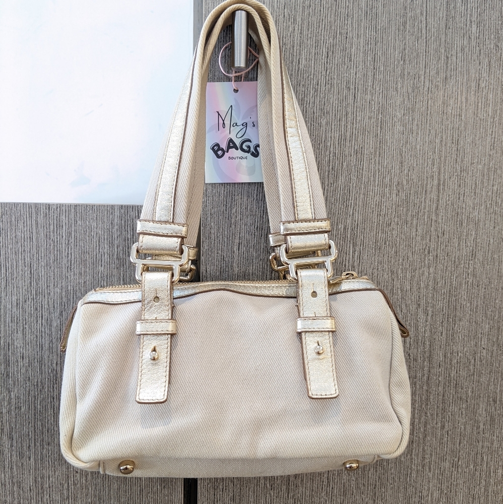 YSL: Metallic Mini Boston Kahala Canvas Leather Tote Shoulder Bag - Picture 7 of 16